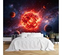 Custom Size Wall Murals Burning Giant Star Surrounding Color Planets HD Self-Adhesive Wall Fabric (NO PVC) Removable Wallpaper for Boys Gaming Bedroom