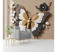 Custom Size Wall Murals, Butterfly Flower 3D Gold White Gray, Self-Adhesive Removable Peel and Stick Wallpaper, for Living Room, Bedroom, Shop, Office, Kids