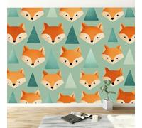 Custom Size Wall Murals Cartoon Animals Foxes W200 x H140 cm Removable Large Blue Green Photo Wallpaper for Nursery Living Room Bedroom Playroom Office Backdrop Wall Decor Poster Picture