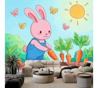 Custom Size Wall Murals Cartoon Animals Rabbit Carrots W400 x H280 cm Removable Large Blue Photo Wallpaper for Nursery Living Room Bedroom Playroom Office Backdrop Wall Decor Poster Picture
