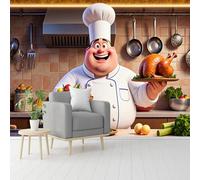 Custom Size Wall Murals, Cartoon Chef with Roasted Turkey & Fresh Vegetables, Self-Adhesive Removable Wall Covering Fabric, Large Photo Wallpaper for Living Room Bedroom Kitchen Office Kids