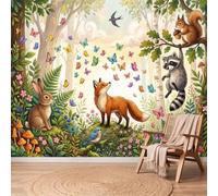 Custom Size Wall Murals Cartoon Forest Photo Wallpaper, Jungle Animals Plants Mushrooms Non-Woven Wallpaper Wall Covering, Green Large Art Mural for Bedroom Living Room Home Office Kitchen, 350x256 cm