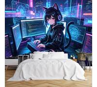 Custom Size Wall Murals Cat Girl Hacker in Neon City Wall Murals 3D Cyberpunk Scene Wallpaper HD Self-Adhesive Removable Wallpaper for Game Room