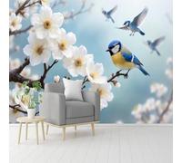 Custom Size Wall Murals, Cherry Blossom & Colorful Birds Scene, Self-Adhesive Removable Wall Covering Fabric, Large Photo Wallpaper for Living Room Bedroom Kitchen Office Kids