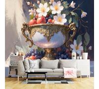 Custom Size Wall Murals,Classic Still Life Floral Arrangement with Apples and Grapes in Ornate Gold Vase,SelfAdhesive Wall Fabric(NO PVC) Removable Large Wallpaper for Living Room,Bedroom