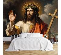 Custom Size Wall Murals,Classical Religious Painting Jesus Christ Crown of Thorns Cross Stigmata Divine Figure,Self-Adhesive Wall Covering Fabric(NO PVC),Removable Wallpaper for Living Room