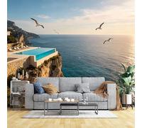 Custom Size Wall Murals Cliff Edge Infinity Pool Over Blue Sea Wall Covering Fabric Self-Adhesive Wall Fabric (NO PVC) Removable Wallpaper for Living Room Home Decor