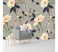 Custom Size Wall Murals, Cream Flowers & Red Bird on Gray Background, Self-Adhesive Removable Wall Covering Fabric, Large Photo Wallpaper for Living Room Bedroom Kitchen Office Kids