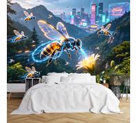 Custom Size Wall Murals Cyber Tech Bee Mountain City Neon Background Vivid Self-Adhesive Wall Fabric (NO PVC) Removable Wallpaper for Office Playroom