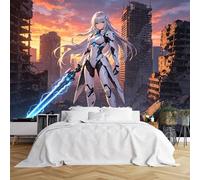 Custom Size Wall Murals Cybernetic Warrior Girl in Ruined City Wall Murals Sci-Fi Fantasy Scene Wallpaper Vivid Self-Adhesive Removable Wallpaper for Living Room