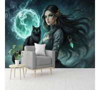 Custom Size Wall Murals, Dark-Haired Elven Woman Black Cat Turquoise Moon, Self-Adhesive Removable Peel and Stick Wallpaper, for Living Room, Bedroom, Shop, Office, Kids