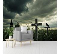 Custom Size Wall Murals, Dark Stormy Rural Scene Cornfield Wooden Cross Gothic Buildings, Self-Adhesive Removable Peel and Stick Wallpaper, for Living Room, Bedroom, Shop, Office, Kids