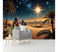 Custom Size Wall Murals, Desert Night with Camel Riders, Palm Trees & Ancient Cityscape, Self-Adhesive Removable Peel and Stick Wallpaper, for Living Room, Bedroom, Shop, Office, Kids