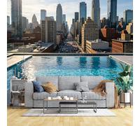 Custom Size Wall Murals Downtown City Rooftop Infinity Pool with Skyscraper View Wall Stickers Self-Adhesive Wall Fabric (NO PVC) Removable Wallpaper for Living Room