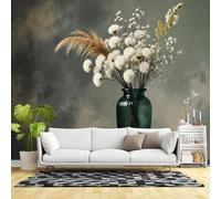 Custom Size Wall Murals,Dried Flower Bouquet in Green Glass Vase Modern Minimalist Botanical Still Life Art,SelfAdhesive Wall Fabric(NO PVC) Wallpaper for Living Room