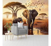 Custom Size Wall Murals, Elephant Family African Savanna Sunset, Self-Adhesive Removable Peel and Stick Wallpaper, for Living Room, Bedroom, Shop, Office, Kids