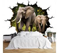 Custom Size Wall Murals,Elephants Emerging Through Cracked Hole Natural Forest Scene, Self-Adhesive Wall Covering Fabric (NO PVC), Removable Wallpaper for Living Room Bedroom Office Kids