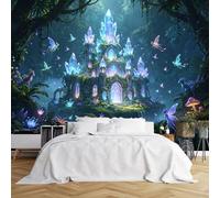 Custom Size Wall Murals Enchanted Crystal Castle in Magical Forest with Fairies Wall Murals Fantasy Scene Wallpaper Wall Covering Fabric Self-Adhesive Removable Wallpaper for Living Room