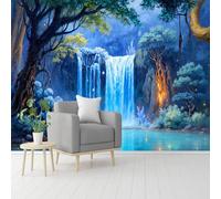 Custom Size Wall Murals, Enchanted Forest Waterfall with Turquoise Lake & Glowing Cliff, Self-Adhesive Removable Peel and Stick Wallpaper, for Living Room, Bedroom, Shop, Office, Kids