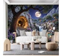 Custom Size Wall Murals,Enchanted Nighttime & Gnarled Tree & Cave & Waterfall Self-Adhesive Wall Fabric (NO PVC) Removable Photo Wallpaper for Living Room, Bedroom,Office