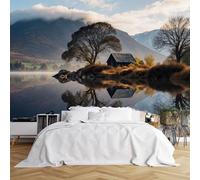 Custom Size Wall Murals,Fall Cabin by Lake Snowy Mountains Reflection, Self - Adhesive Wall Covering Fabric (NO PVC), Removable Wallpaper for Living Room Bedroom Office Kids