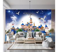 Custom Size Wall Murals,Fantasy Castle Starry Night Sky Pastel Turrets Golden Accents Red Flags Grand Arched Entrance Stone Bridge,Self-Adhesive Wall Fabric (NO PVC),Removable Wallpaper