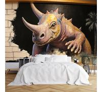 Custom Size Wall Murals,Fantasy Dinosaur Rhinoceros-Like Creature Emerging from Brick Wall with Small Figure,Self-Adhesive Wall Covering Fabric (NO PVC),Removable Wallpaper for Living Room
