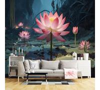Custom Size Wall Murals,Fantasy Pink Lotus Pond Tranquil Water Garden Night Scene,SelfAdhesive Wall Fabric(NO PVC) Removable Large Wallpaper for Living Room,Bedroom