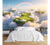 Custom Size Wall Murals Floating Island Golf Course with Rainbow and Clouds Wall Murals Fantasy Landscape Wallpaper HD Self-Adhesive Removable Wallpaper for Living Room