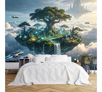 Custom Size Wall Murals Floating Island with Glowing Tree and City Wall Murals Magical Fantasy Sci-Fi Scene Wallpaper HD Self-Adhesive Removable Wallpaper for Living Room