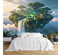 Custom Size Wall Murals Floating Jungle Island with Waterfalls and Bioluminescent Flora Wall Murals Fantasy Scene Wallpaper Vivid Self-Adhesive Removable Wallpaper for Bedroom