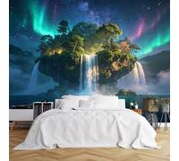 Custom Size Wall Murals Floating Waterfall Island with Northern Lights and Starry Sky Wall Murals Fantasy Landscape Wallpaper HD Self-Adhesive Removable Wallpaper for Living Room Bedroom