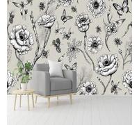 Custom Size Wall Murals, Floral Poppies Butterflies Bees Botanical Monochrome, Self-Adhesive Removable Peel and Stick Wallpaper, for Living Room, Bedroom, Shop, Office, Kids