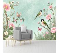 Custom Size Wall Murals, Floral Scene with Pink Flowers & Birds, Self-Adhesive Removable Wall Covering Fabric, Large Photo Wallpaper for Living Room Bedroom Kitchen Office Kids