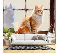 Custom Size Wall Murals,Fluffy Ginger Cat Sitting by Window Impressionist Painting Style Realistic Domestic Pet Portrait,SelfAdhesive Wall Fabric(NO PVC) Removable Wallpaper for Living Room