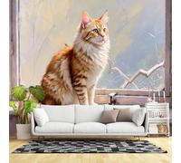 Custom Size Wall Murals,Fluffy Ginger Cat Sitting on a Windowsill Looking Out,SelfAdhesive Wall Fabric(NO PVC) Removable Large Wallpaper for Living Room,Bedroom,Home Decor