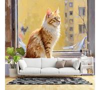 Custom Size Wall Murals,Fluffy Ginger Cat Sitting on Window Sill Looking Out,SelfAdhesive Wall Fabric(NO PVC) Removable Large Wallpaper for Living Room,Bedroom,Home Decor