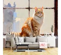 Custom Size Wall Murals,Fluffy Ginger Tabby Cat Sitting by Rustic Window Vintage Painting Style,SelfAdhesive Wall Fabric(NO PVC) Removable Large Wallpaper for Living Room,Bedroom
