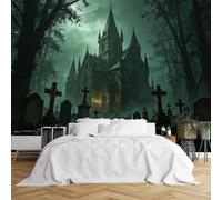 Custom Size Wall Murals Foggy Gothic Church Graveyard Night Wall Murals Wall Stickers Wallpaper Self-Adhesive Removable Wallpaper for Halloween Bar Room