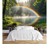 Custom Size Wall Murals Forest Lake Post-Rain Rainbow Reflection Wall Stickers Self-Adhesive Wall Fabric (NO PVC) Removable Wallpaper for Living Room Study