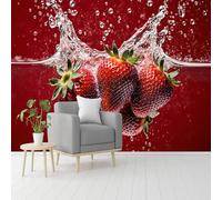 Custom Size Wall Murals, Fresh Ripe Strawberries & Water Splash, Self-Adhesive Removable Wall Covering Fabric, Large Photo Wallpaper for Living Room Bedroom Kitchen Office Kids