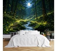 Custom Size Wall Murals Full Moon Firefly Stream Forest Wall Murals Magical Night Mossy Creek View Wallpaper HD Self-Adhesive Removable Wallpaper for Living Room Bedroom