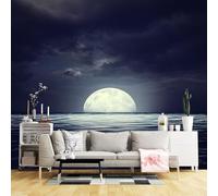 Custom Size Wall Murals,Full Moon Rising Over Ocean Night Sky Tranquil Water Scene,Self-Adhesive Wall Fabric(NO PVC) Removable Large Wallpaper for Living Room,Bedroom,Office