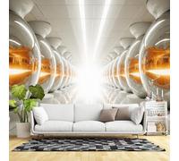 Custom Size Wall Murals,Futuristic Metallic Tunnel Golden Sphere Reflections Modern Abstract Light Corridor,SelfAdhesive Wall Fabric(NO PVC) Removable Large Wallpaper for Living Room