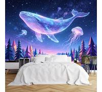 Custom Size Wall Murals Galaxy Whale and Jellyfish Over Geometric Forest Wall Murals Fantasy Art Wallpaper Wall Stickers Self-Adhesive Removable Wallpaper for Kids Room