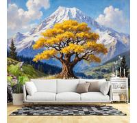 Custom Size Wall Murals,Golden Autumn Tree Majestic Mountain Valley Blossoming Meadow Scenic Landscape,SelfAdhesive Wall Fabric(NO PVC) Removable Large Wallpaper for Living Room