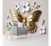 Custom Size Wall Murals, Golden Butterfly White Flower Sculpture, Self-Adhesive Removable Peel and Stick Wallpaper, for Living Room, Bedroom, Shop, Office, Kids