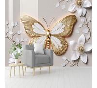 Custom Size Wall Murals, Golden Butterfly White Flowers Floral Art, Self-Adhesive Removable Peel and Stick Wallpaper, for Living Room, Bedroom, Shop, Office, Kids
