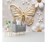 Custom Size Wall Murals, Golden Butterfly White Flowers Marble, Self-Adhesive Removable Peel and Stick Wallpaper, for Living Room, Bedroom, Shop, Office, Kids