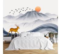 Custom Size Wall Murals,Golden Deer Abstract Water Wind Patterns Black Birds V - Shape Misty Mountains Orange Sun Pagoda,Self-Adhesive Wall Covering Fabric (NO PVC),Removable Wallpaper